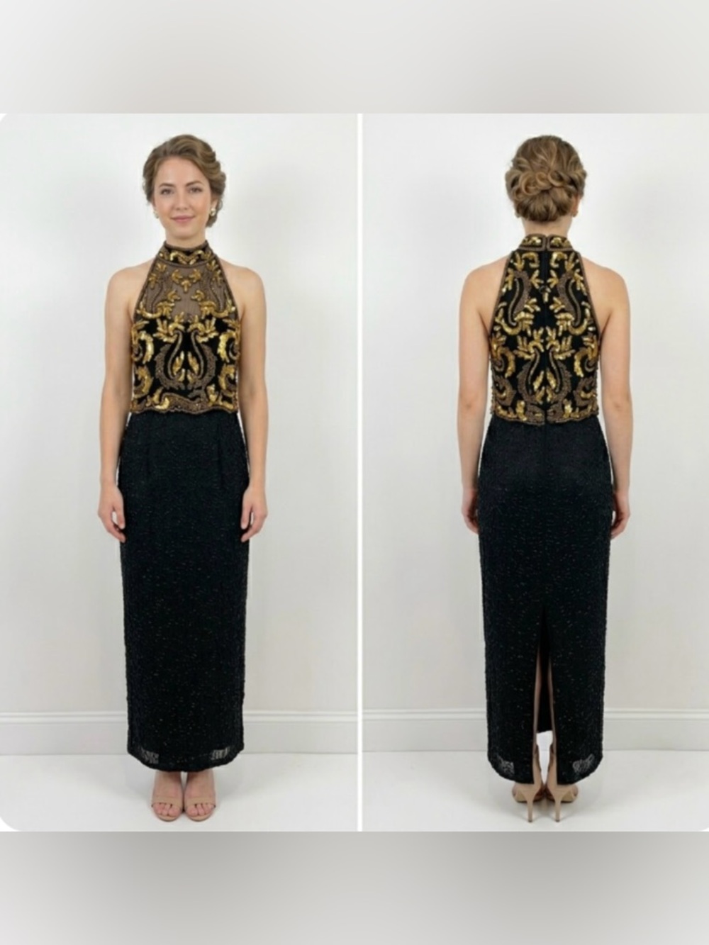 Night Vogue Silk Beaded Black Gold Sequin Gown Formal Vintage Long Dress S/M